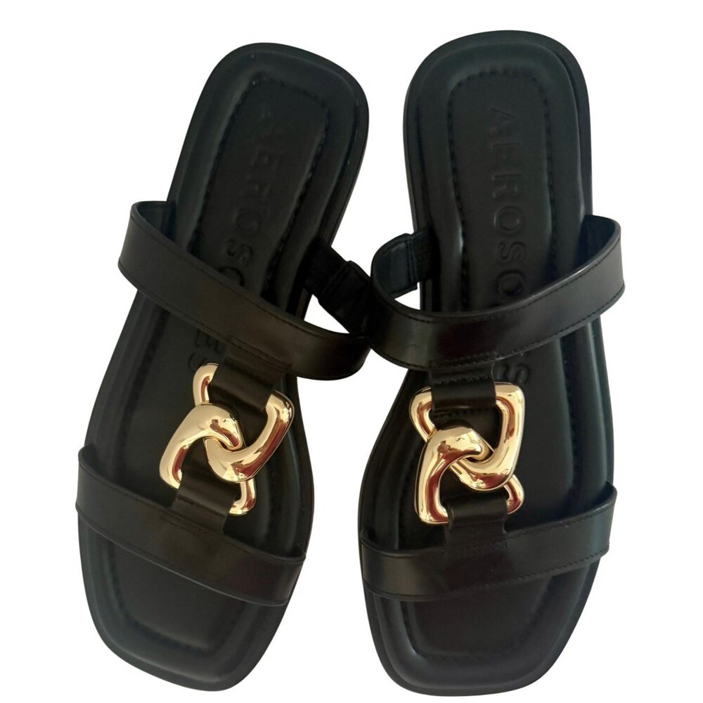 Aerosoles Womens‎ 7M Flat Black Leather Slides Gold Chain Accent New Without Box